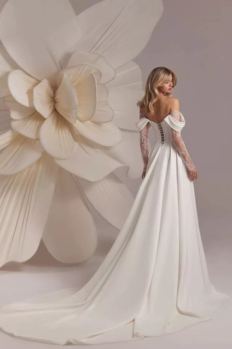 Off-Shoulder Long Sleeve Lace A-Line Wedding Gown