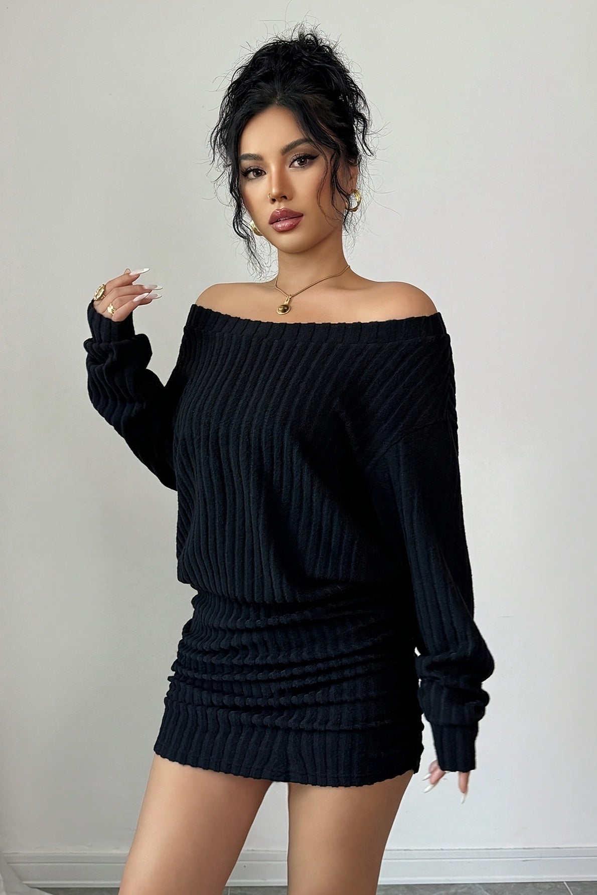 Ribbed Knit Off-Shoulder Long Sleeve Ruched Mini Dress