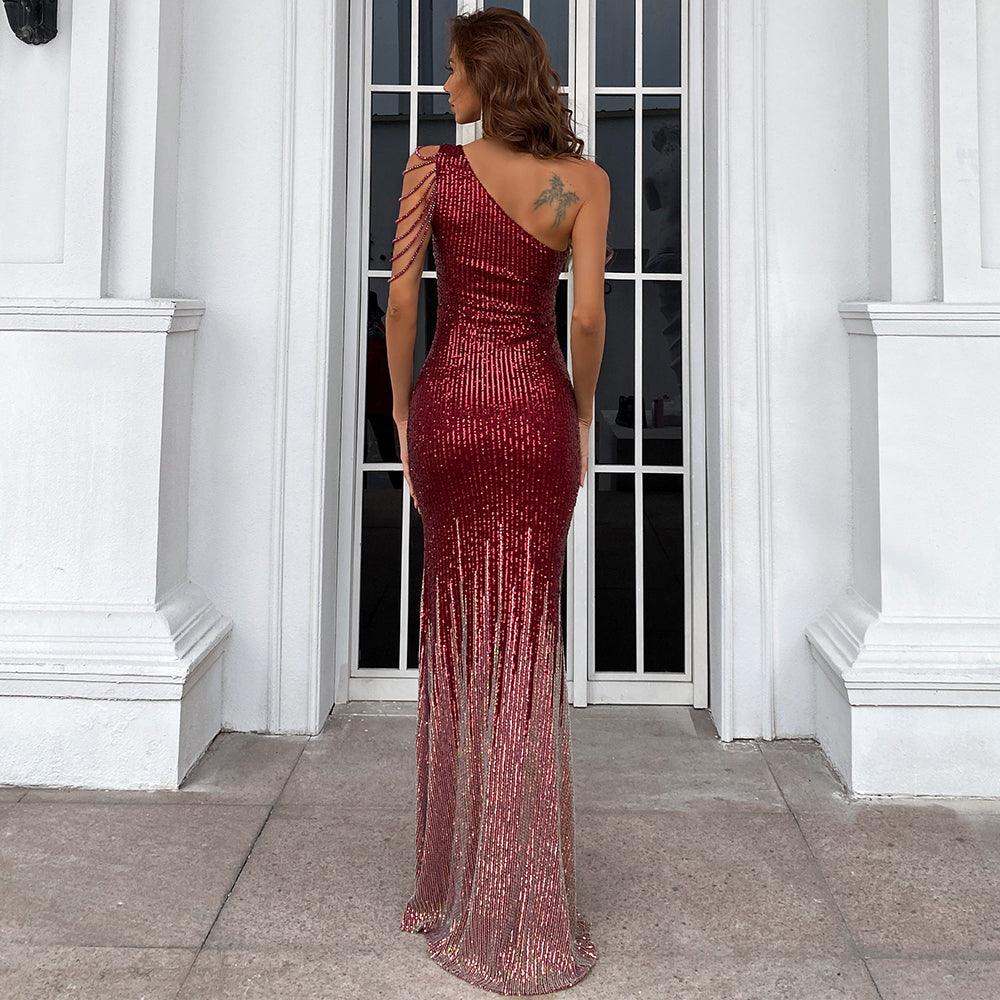 Diamond Rain Single Shoulder Sequins Dress - Fashionpara