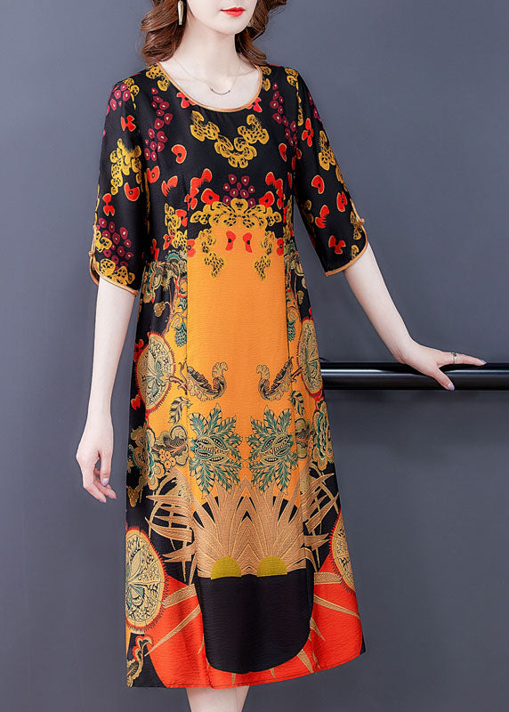 Ethnic Graphic Print Round Neck Elbow Sleeve Midi Shift Dress