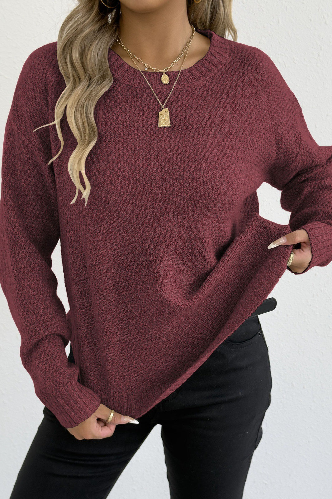 Textured Crew Neck Longline Sweater