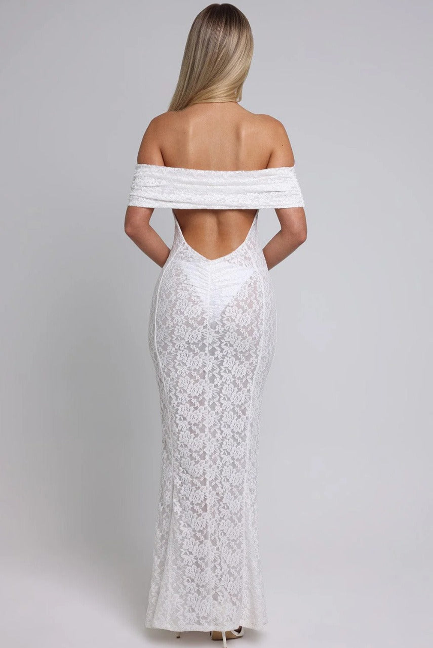 Sheer Floral Lace Off-Shoulder Mermaid Maxi Gown