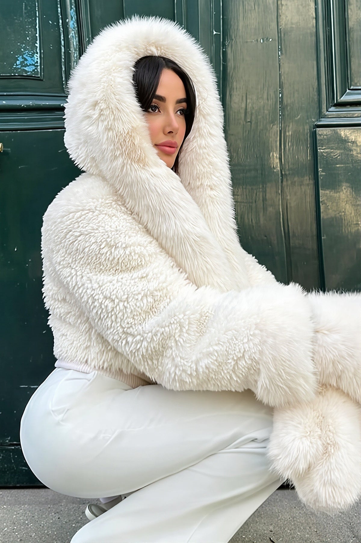 Hooded Cropped Faux Fur Coat