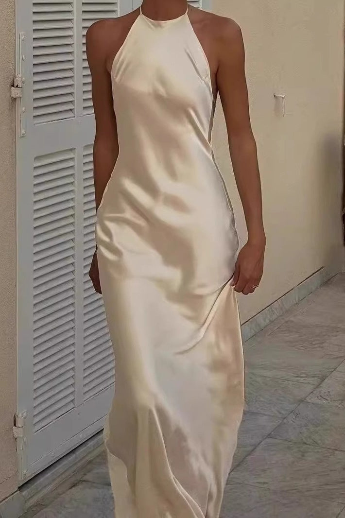 Sexy Backless Halter Camisole Satin Like Formal Dress