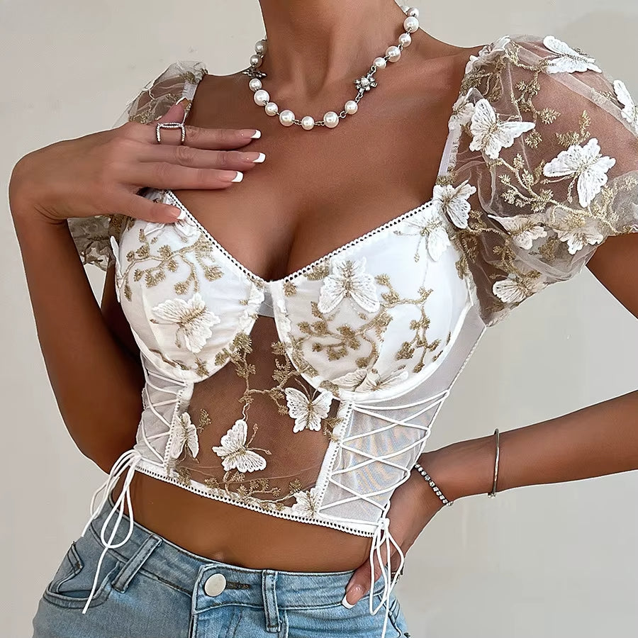 Butterfly Embroidered Mesh Puff Sleeve Lace-up Corset Top - Fashionpara