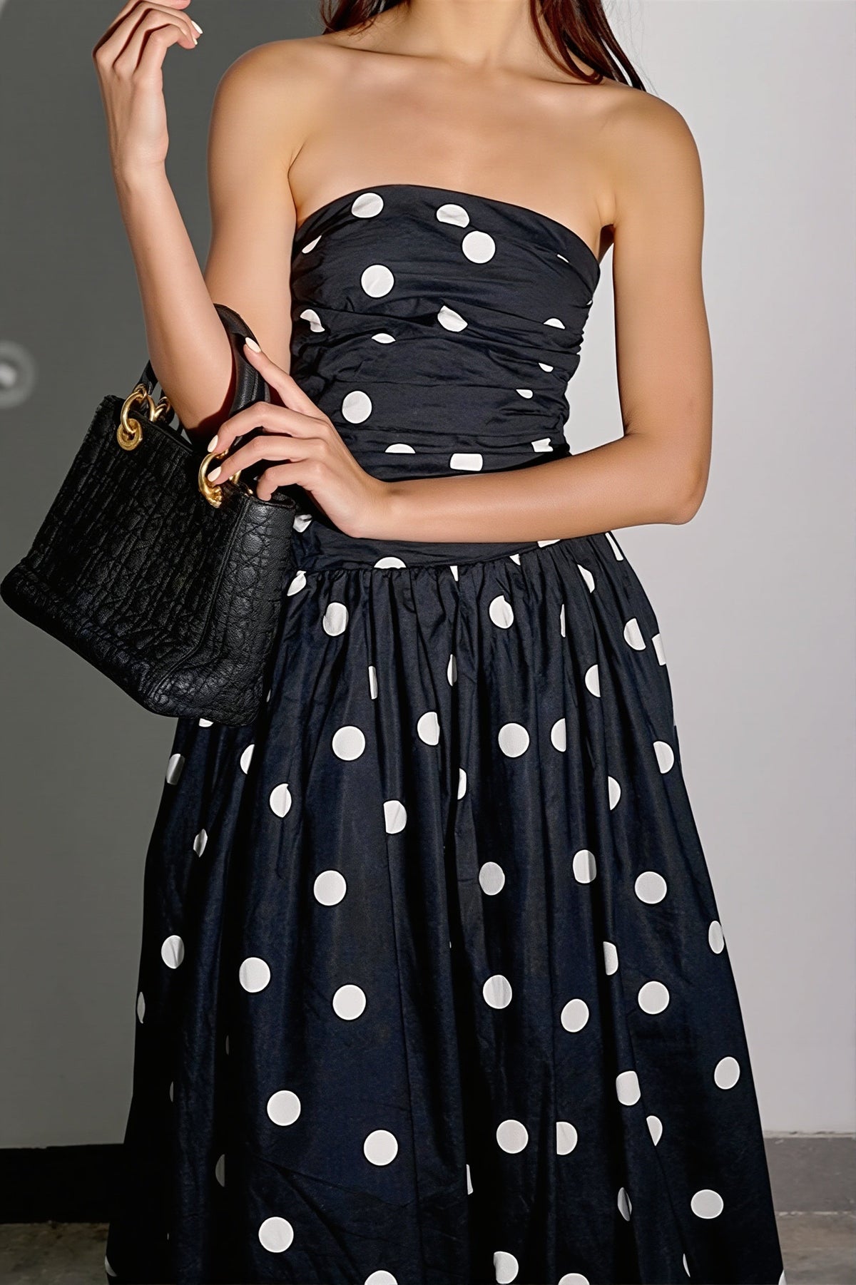 Polka Dot Strapless Ruched Bubble Hem Midi Dress