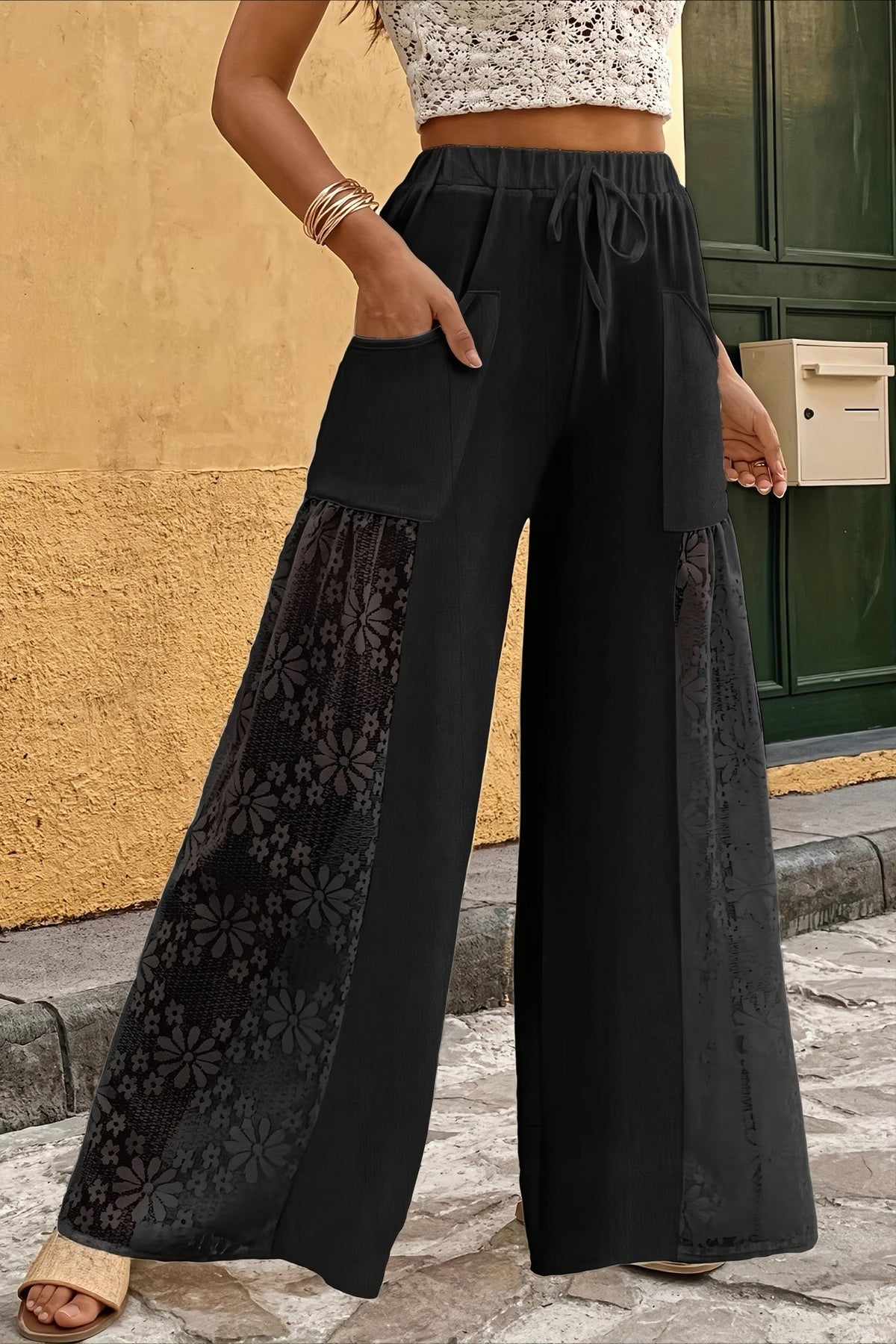 Lace Panel Drawstring Wide Leg Pants