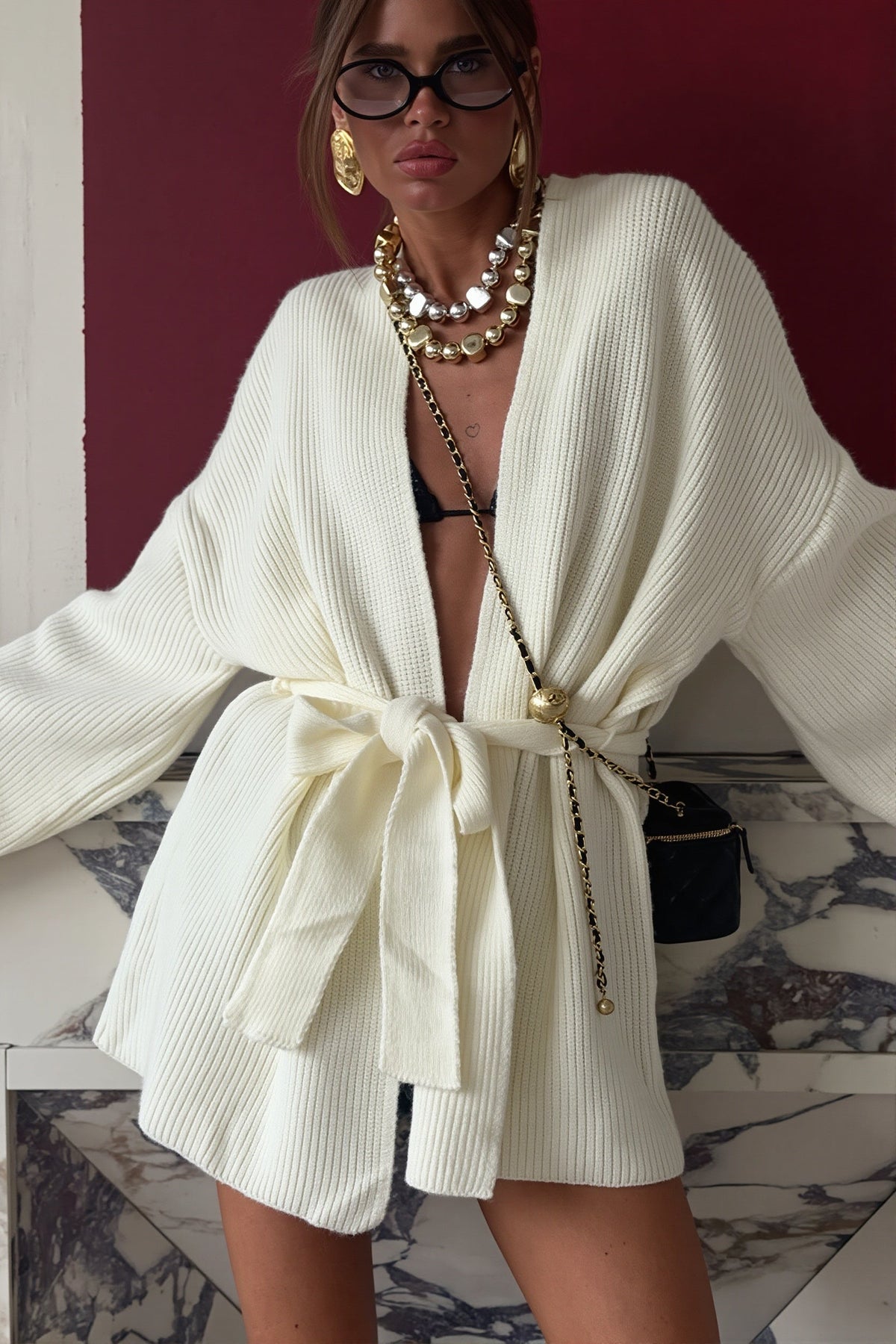 Loose Tie Waist Longline Cardigan