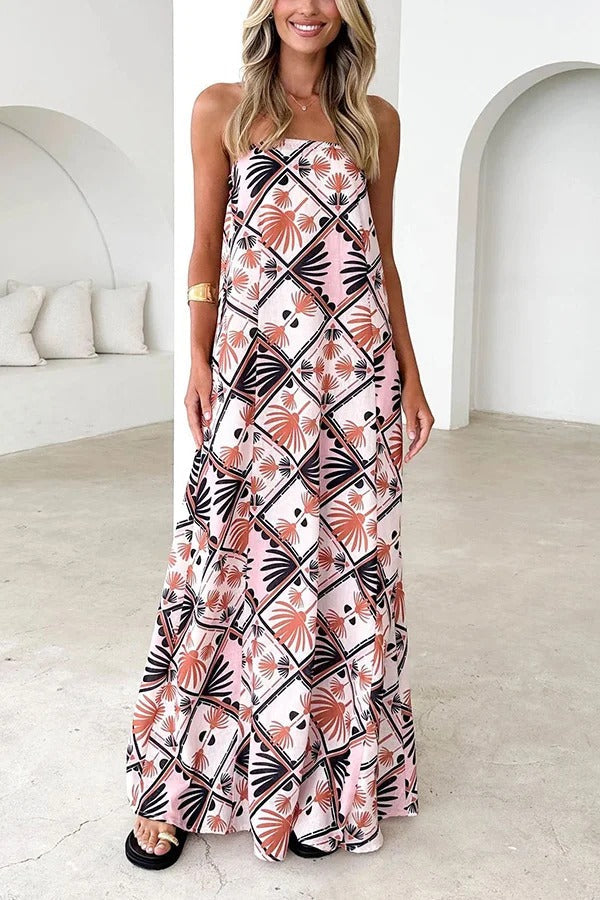 Unique Printed Sexy Strapless Backless Holiday Casual Maxi Dress - Fashionpara