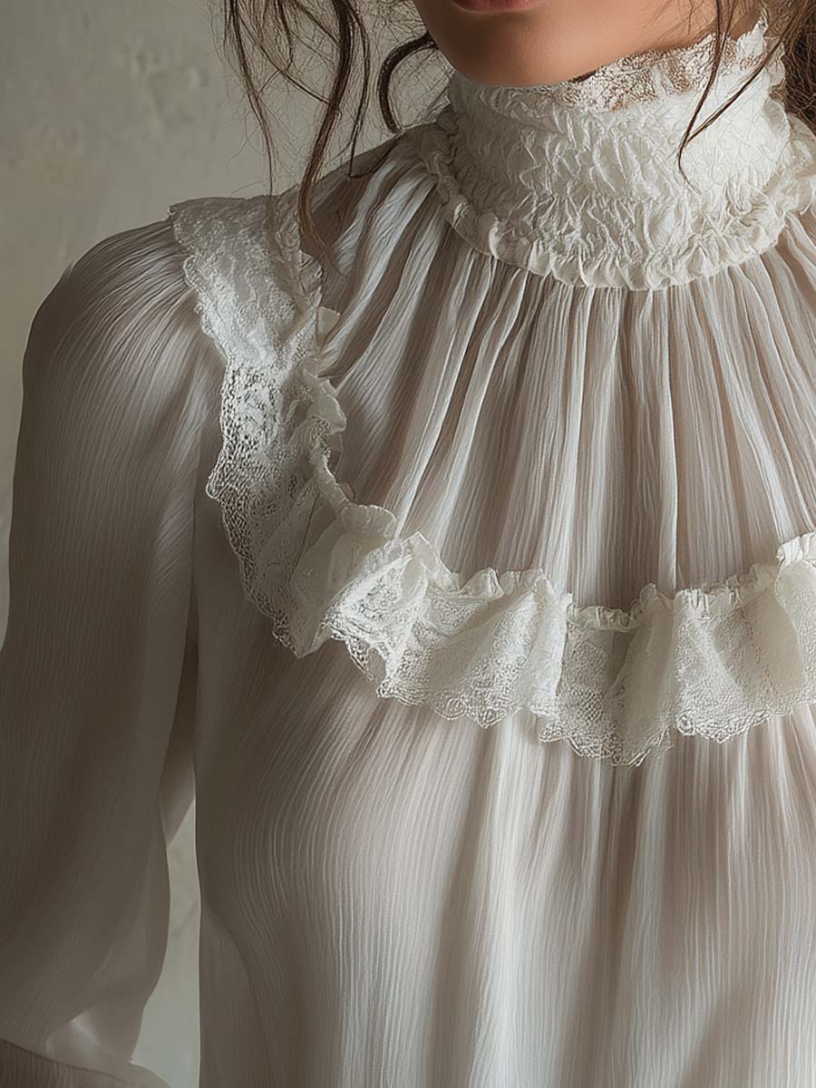 Victorian Lace High-Neck Blouse – Ivory White