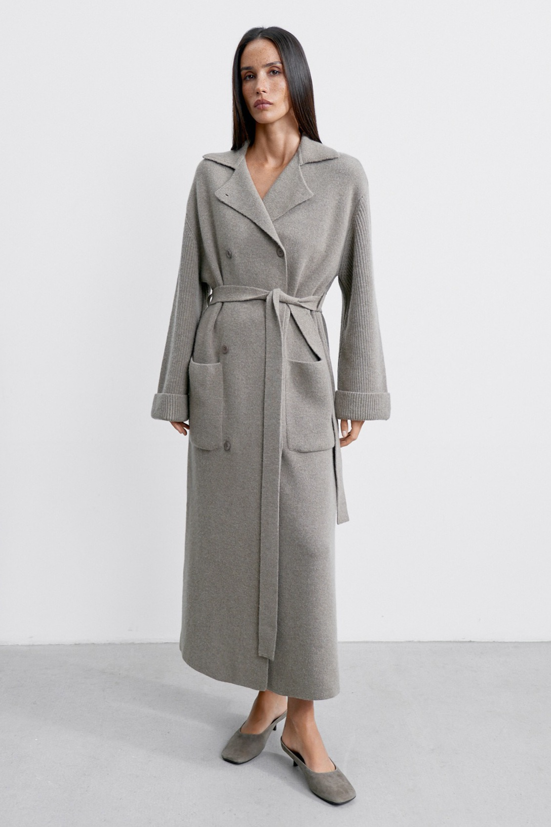 Knitted Blend Notched Lapel Tied Waist Long Overcoat - Fashionpara