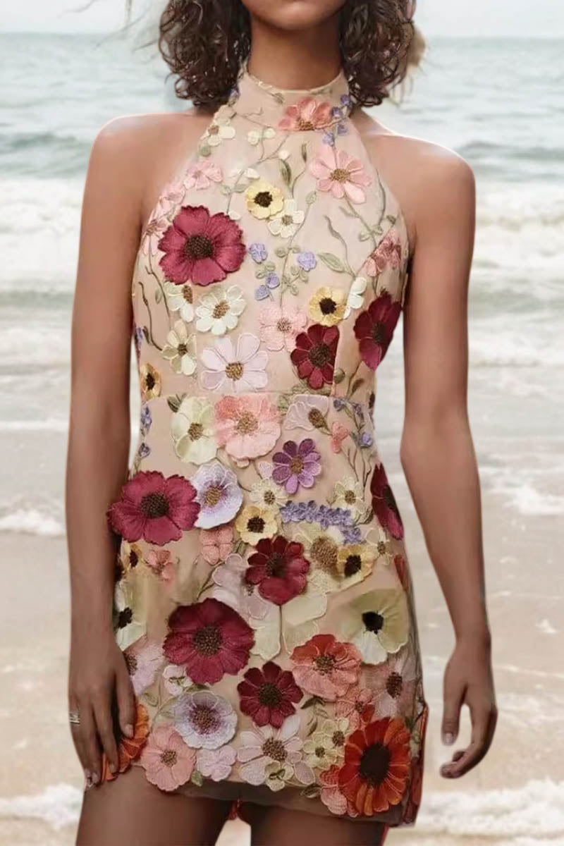 3D Lace Flower Embroidered Halter Sleeveless Dress - Fashionpara