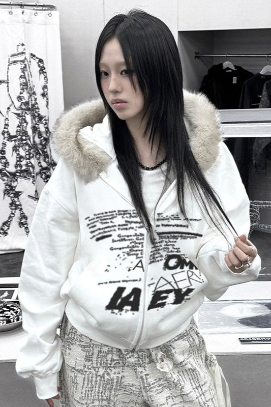 Faux Fur Graffiti Zip Hoodie 3