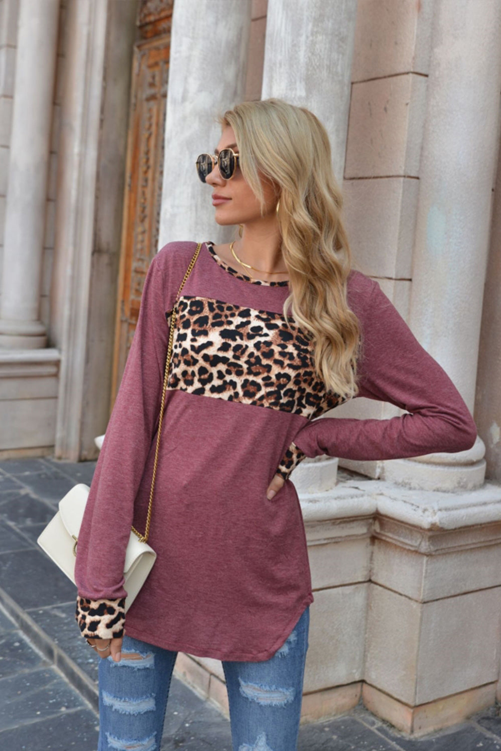 Leopard Print Stitching Round Neck Long Sleeve T-shirt