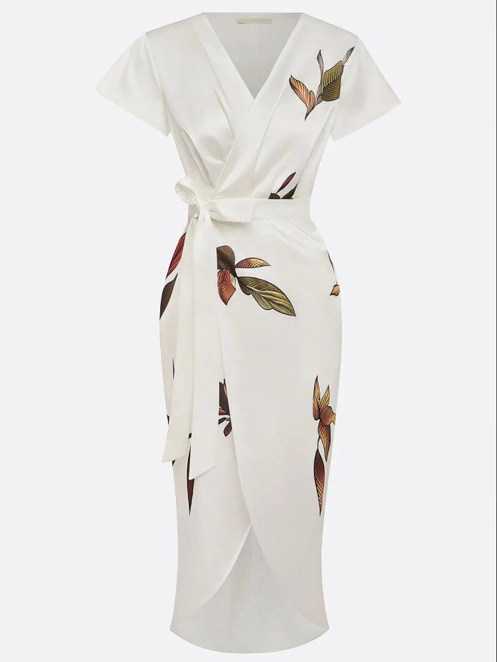 Floral V-Neck Short Sleeve Tie Waist Wrap Midi Dress 4