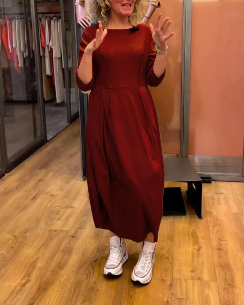 Boat Neck Three Quarter Sleeve Pleated Cocoon Midi Dress - View 5