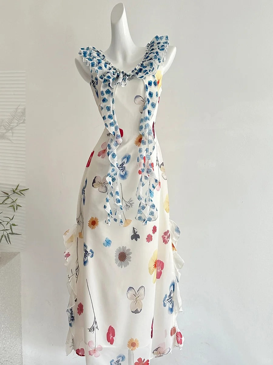 Fresh White Background Colorful Floral V-neck Ruffle Waist Chiffon Long Prom Dress Evening Dress P4001