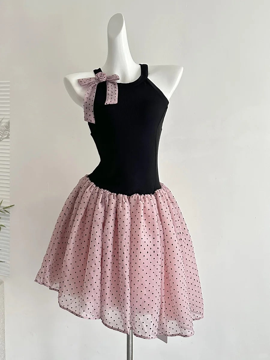 Sweet Black And Pink Polka Dot Halter Neck Chiffon Short Birthday Party Homecoming Dress P3989