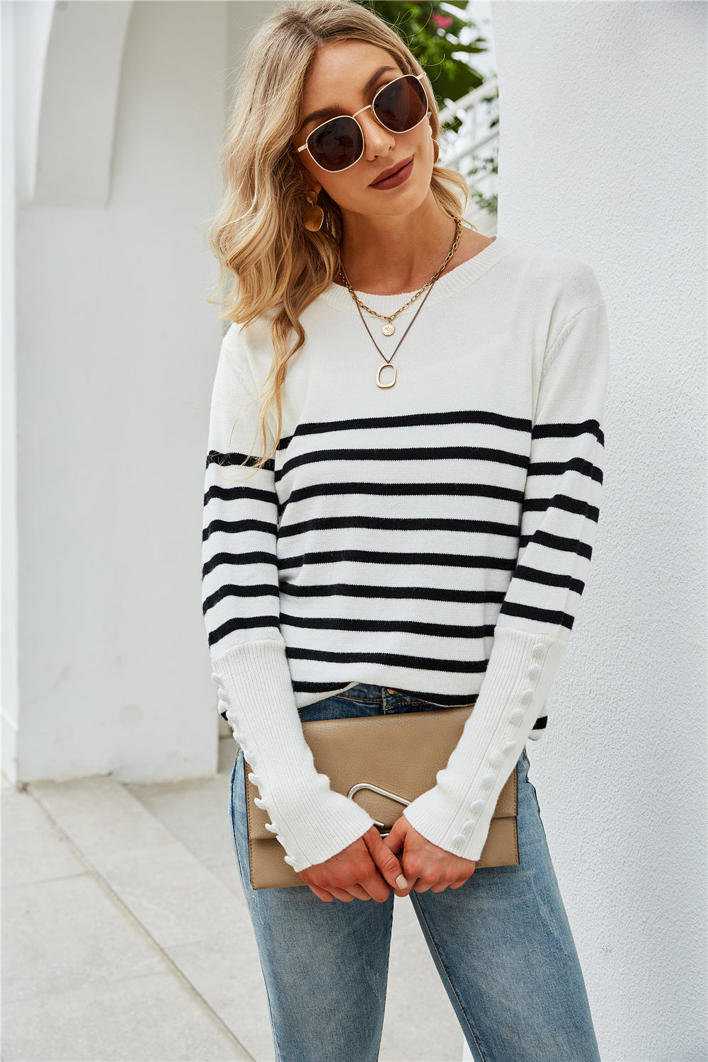 RadyRin Plus Size Button Striped Sweater for Everyday Style