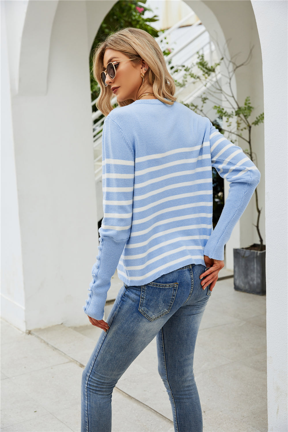RadyRin Plus Size Button Striped Sweater for Everyday Style