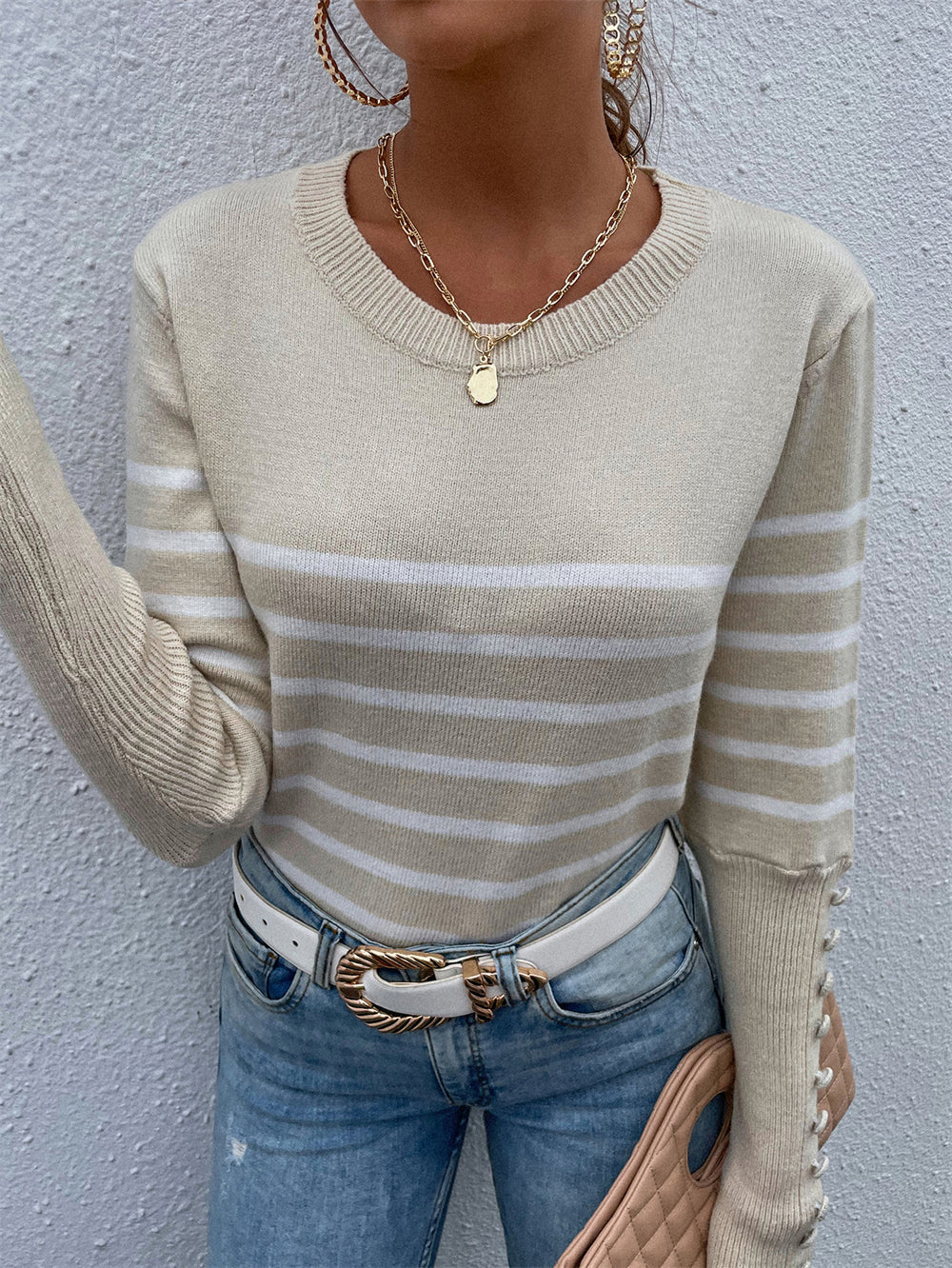 RadyRin Plus Size Button Striped Sweater for Everyday Style