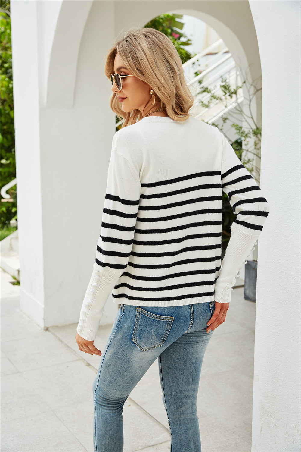 RadyRin Plus Size Button Striped Sweater for Everyday Style