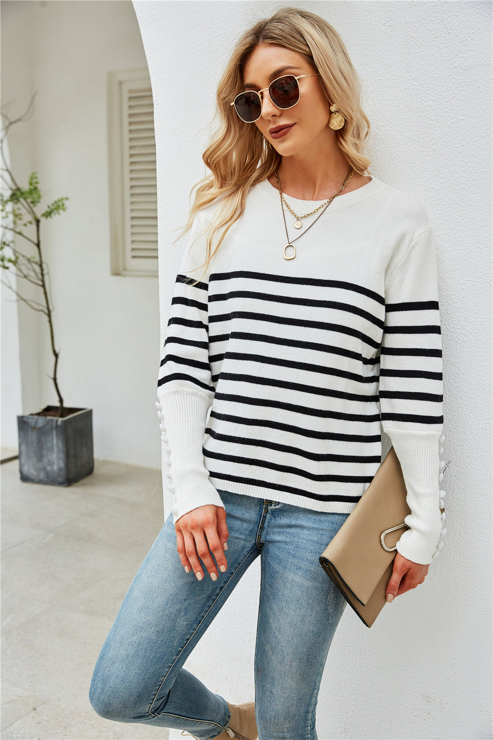 RadyRin Plus Size Button Striped Sweater for Everyday Style
