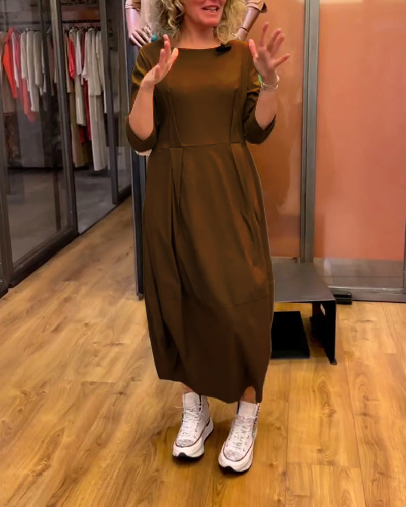 Boat Neck Three Quarter Sleeve Pleated Cocoon Midi Dress - View 6