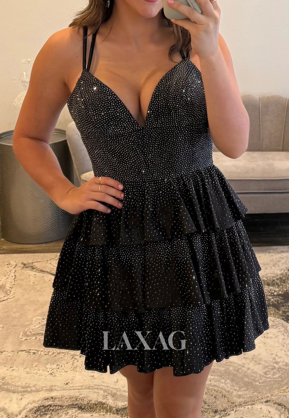 V-Neck Spaghetti Straps Fully Beaded Pleated Satin Tiered A-Line Party Homecoming Dress