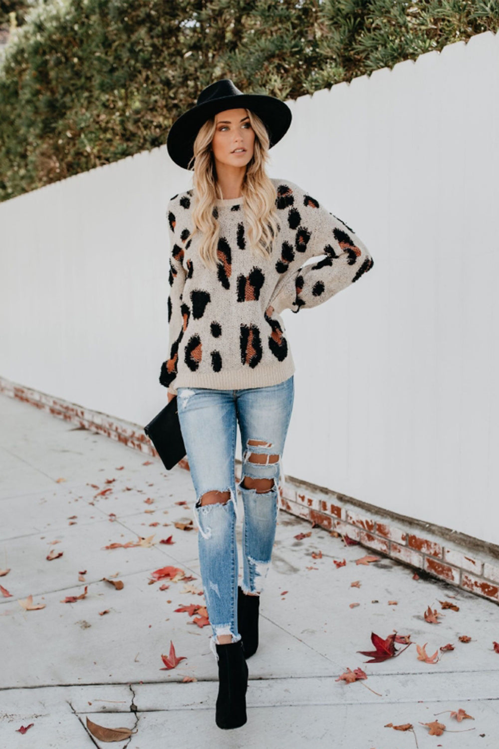 RadyRin Leopard Print Round Neck Pullover Sweater