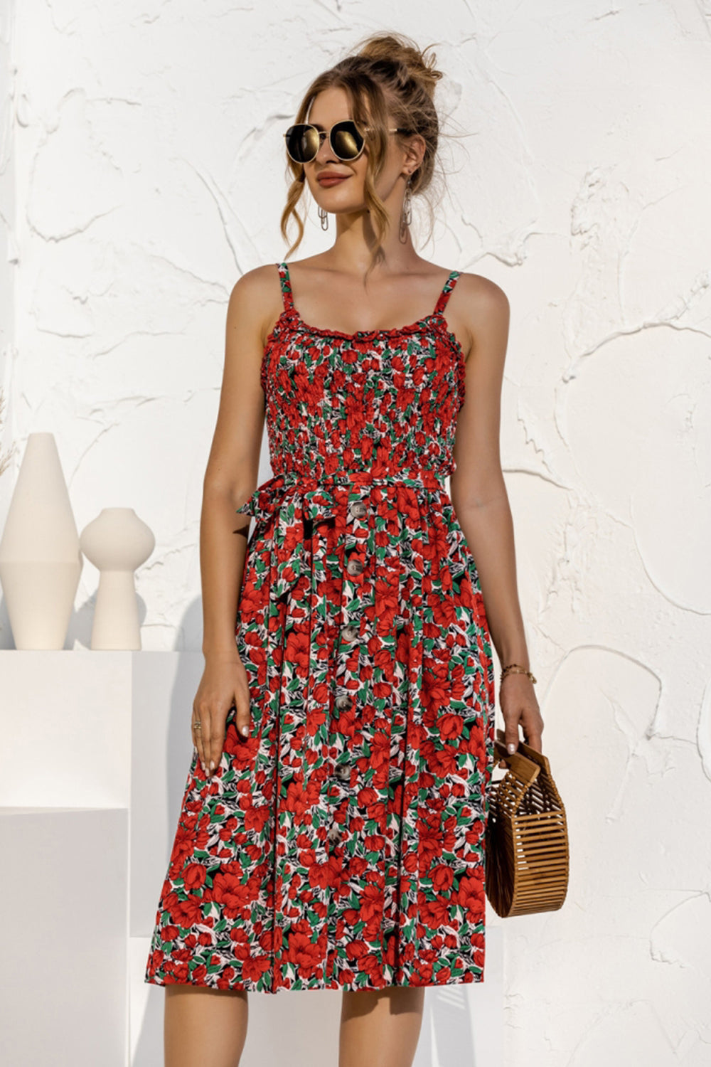 Floral Polka-Dot Button-Breasted Dress