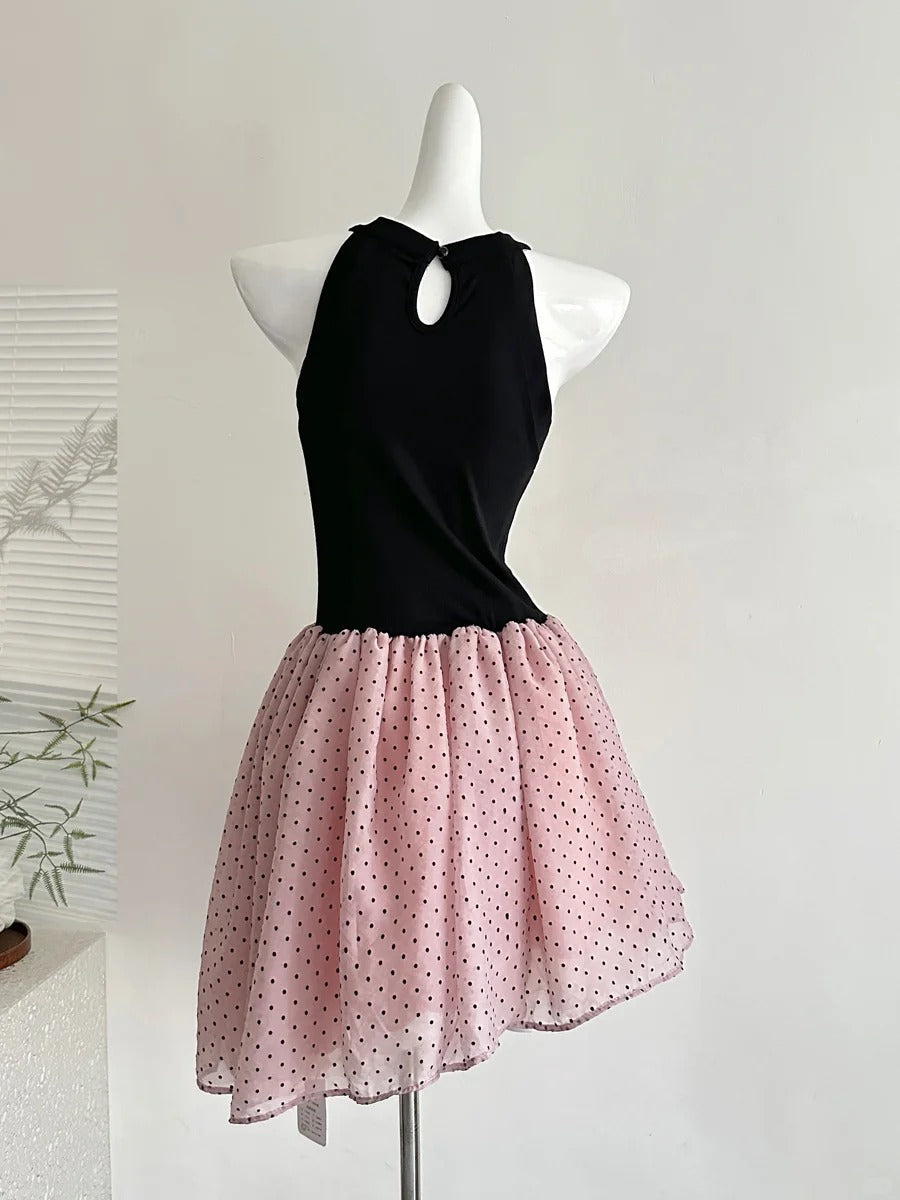 Sweet Black And Pink Polka Dot Halter Neck Chiffon Short Birthday Party Homecoming Dress P3989