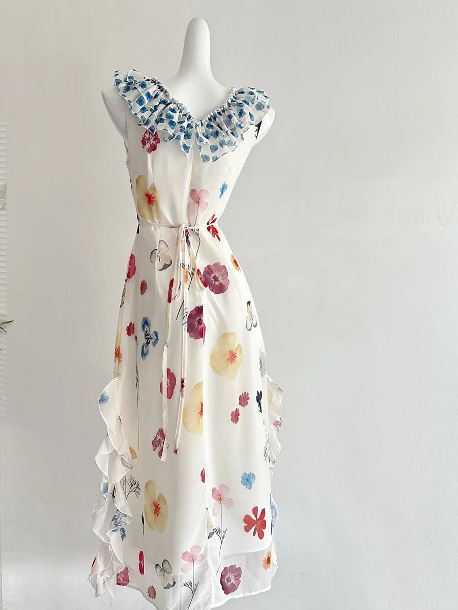 Fresh White Background Colorful Floral V-neck Ruffle Waist Chiffon Long Prom Dress Evening Dress P4001