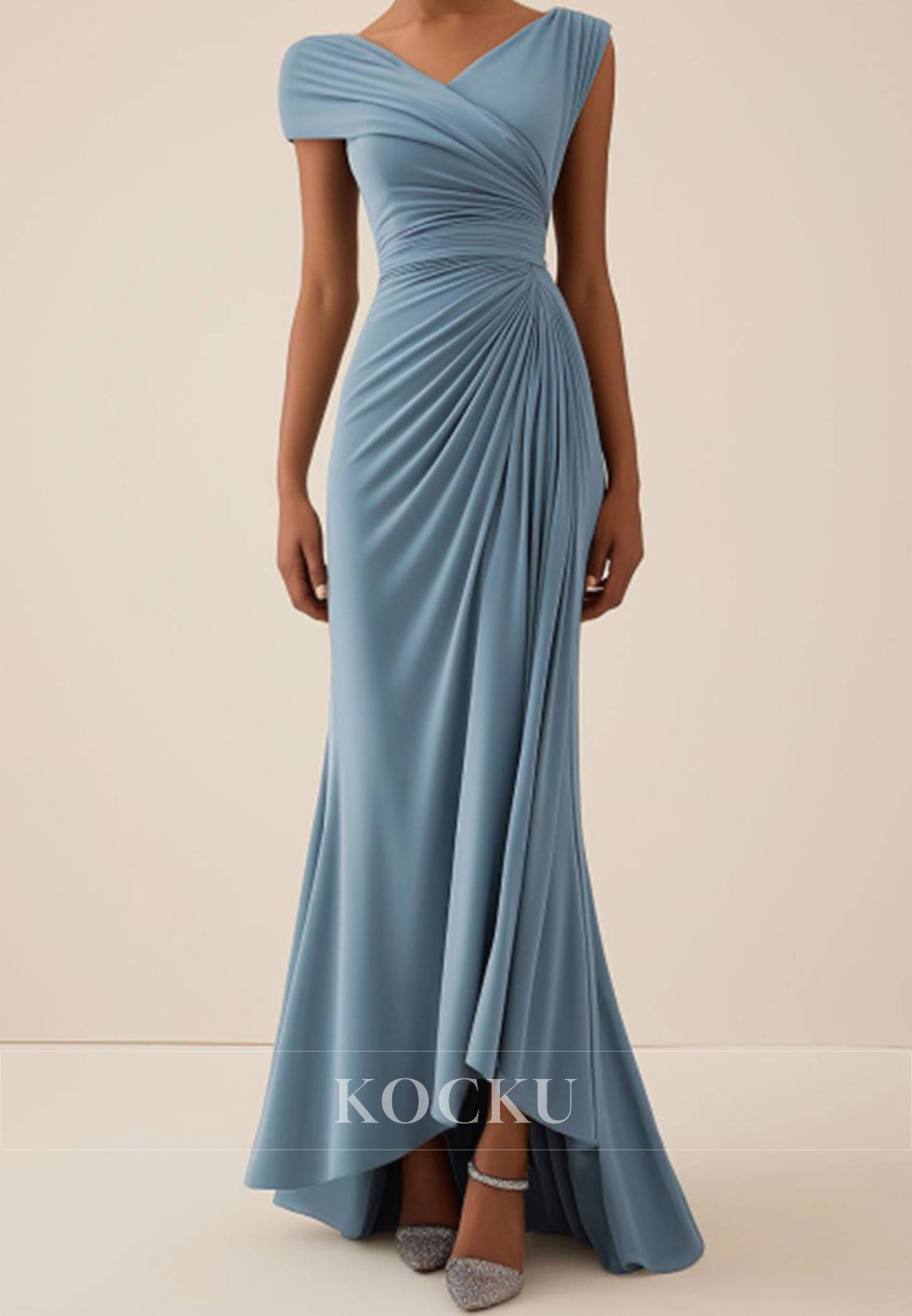 Elegant Off-Shoulder Sheath Wedding Guest Dress Light Blue Satin pleats Formal Gowns