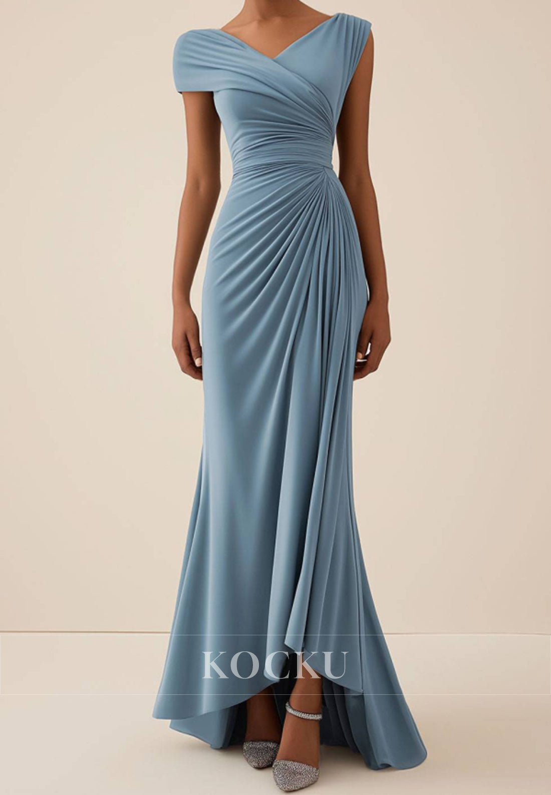 Elegant Off-Shoulder Sheath Wedding Guest Dress Light Blue Satin pleats Formal Gowns