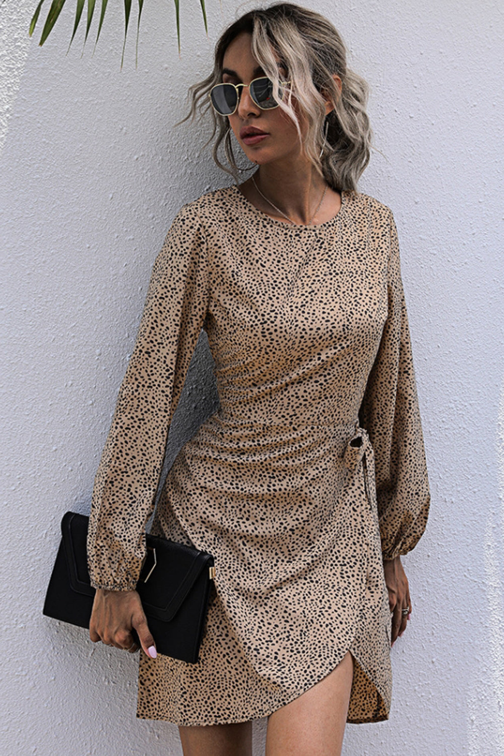 Irregular Long Sleeve Leopard Print Dress - Fashionpara