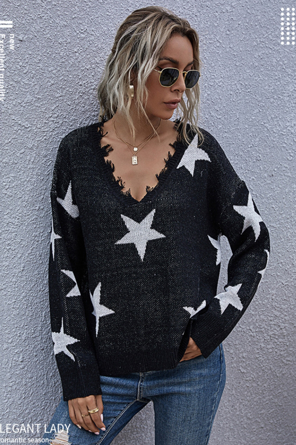 RadyRin Loose V-neck Star Knitted Sweater for Cozy Style