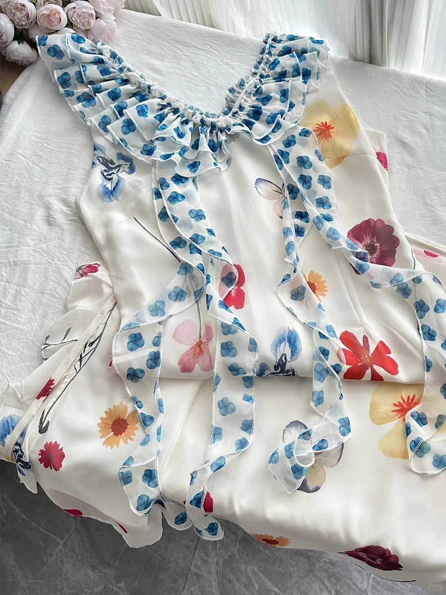 Fresh White Background Colorful Floral V-neck Ruffle Waist Chiffon Long Prom Dress Evening Dress P4001