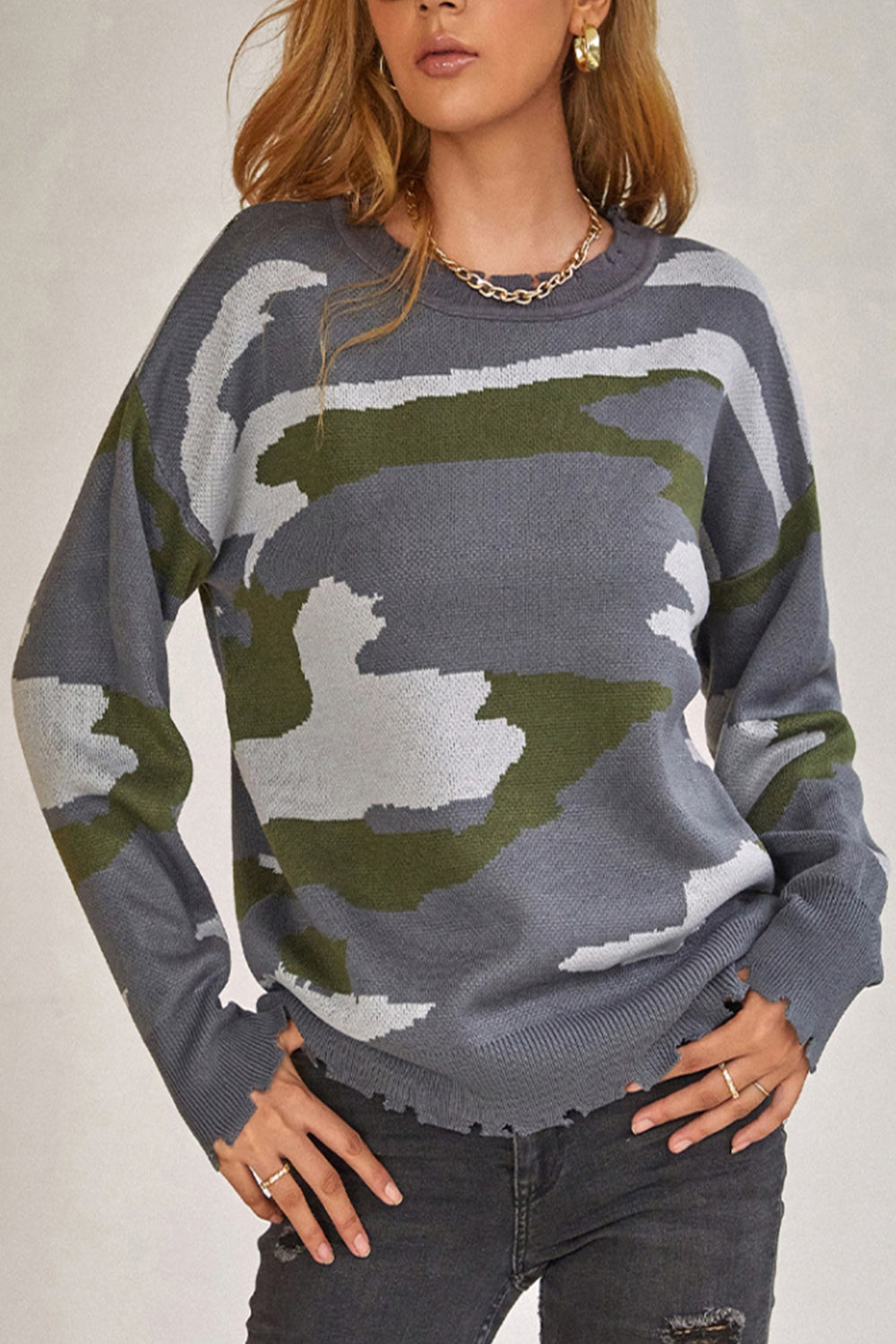 RadyRin Camouflage Ripped Fringed Sweater for Stylish Comfort