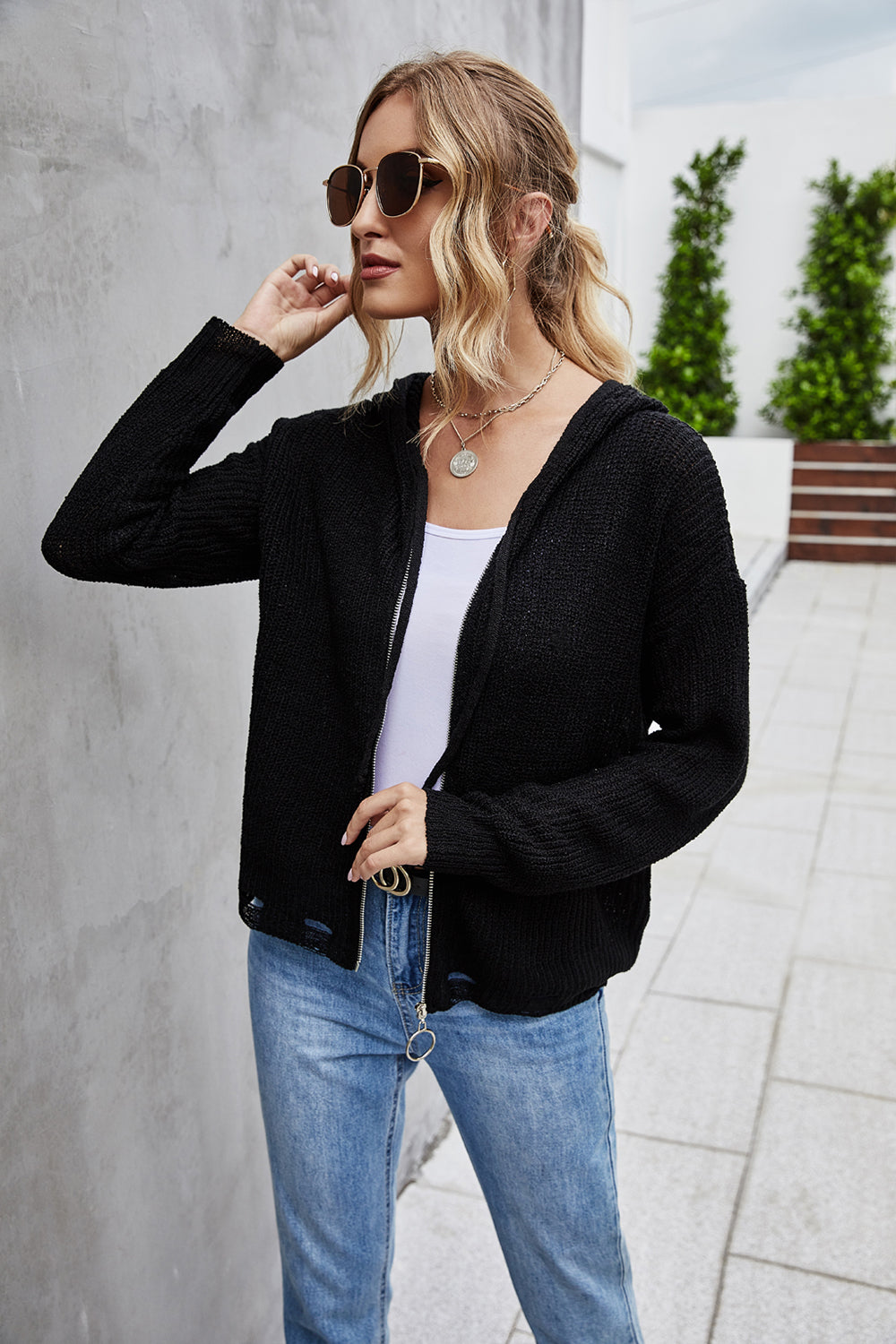 RadyRin Women's Knitted Open Front Hooded Sweater