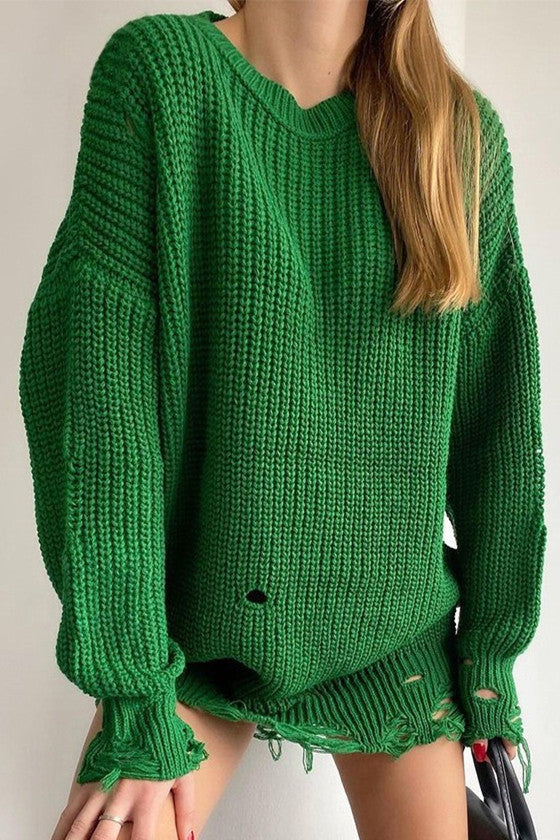 Ripped O Neck Oversized Sweater Dress for Effortless Style