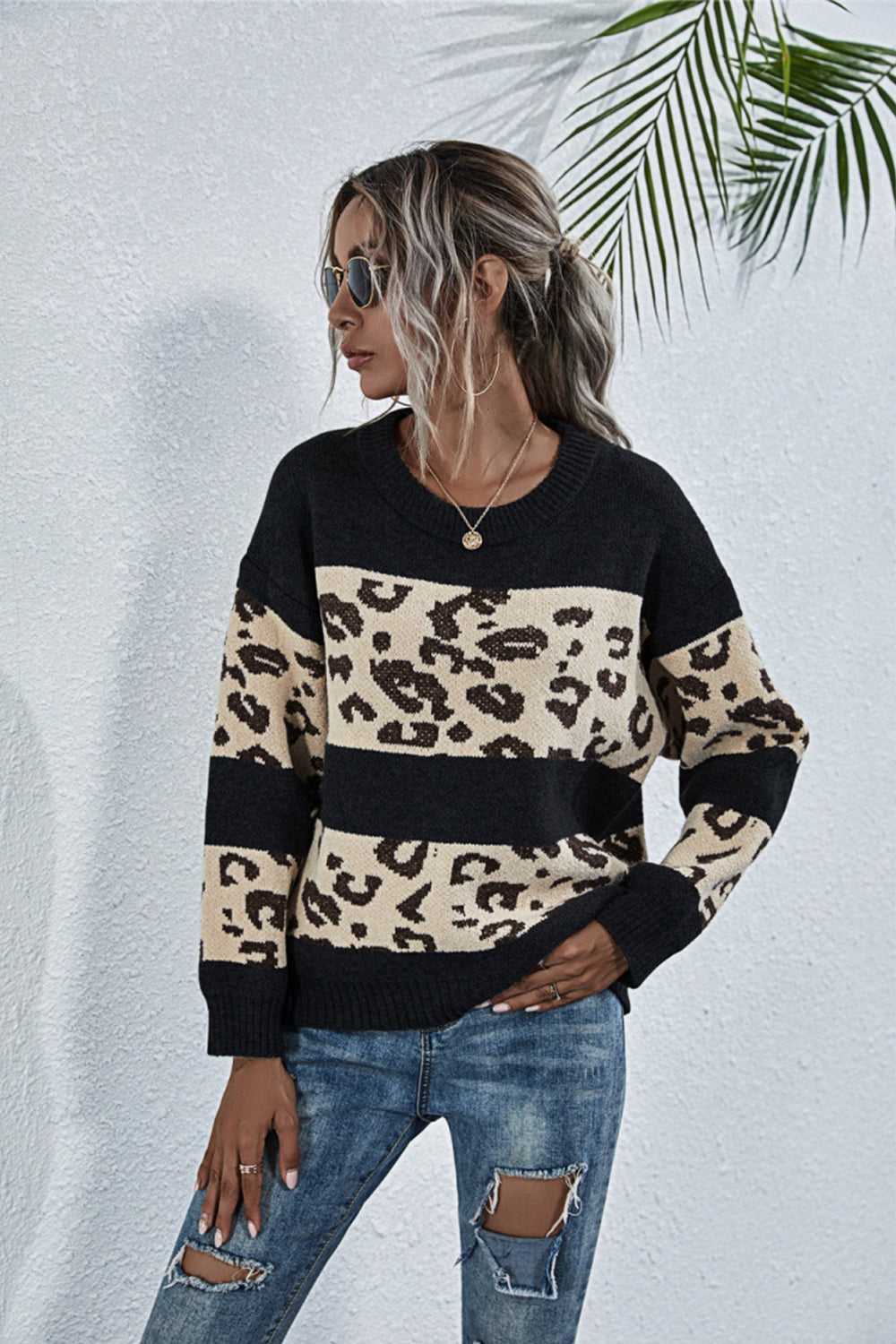 RadyRin Stylish Leopard Print Crew Neck Sweater for Comfort
