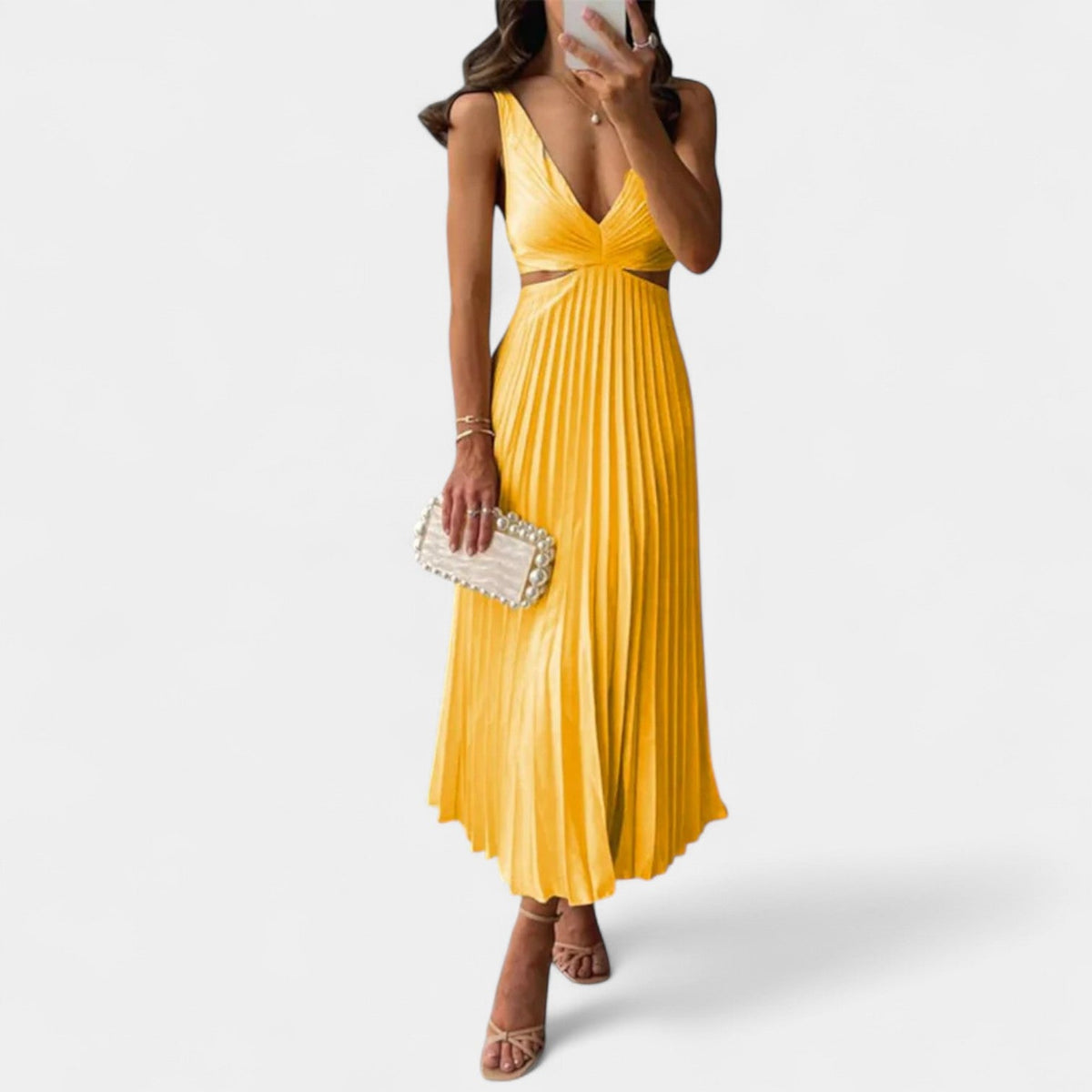 Pleated V-Neck Cut Out Sleeveless Midi Dress