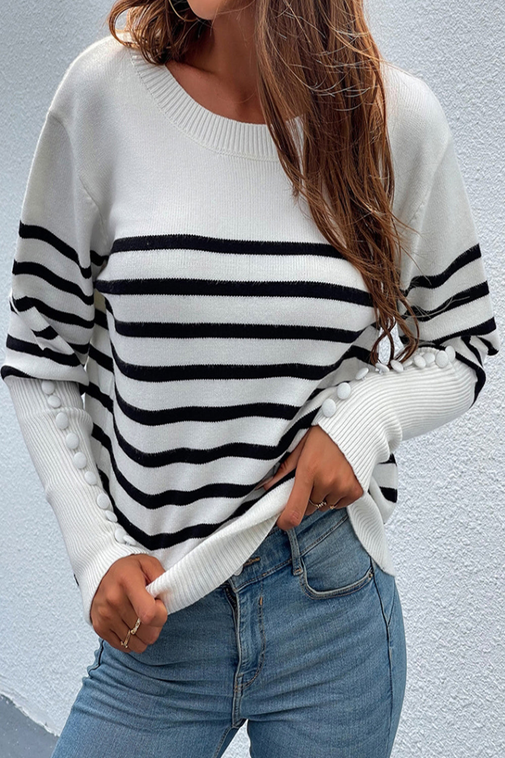 RadyRin Button Contrast Striped Sweater for Stylish Comfort