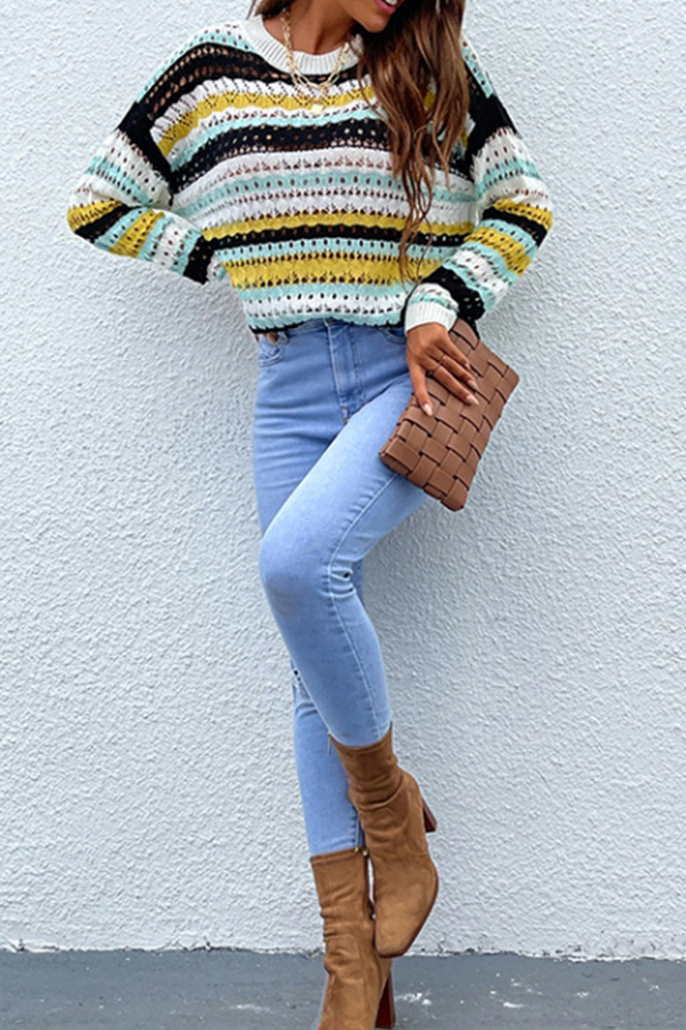 RadyRin Colorful Striped Patchwork Hollow Knit Sweater
