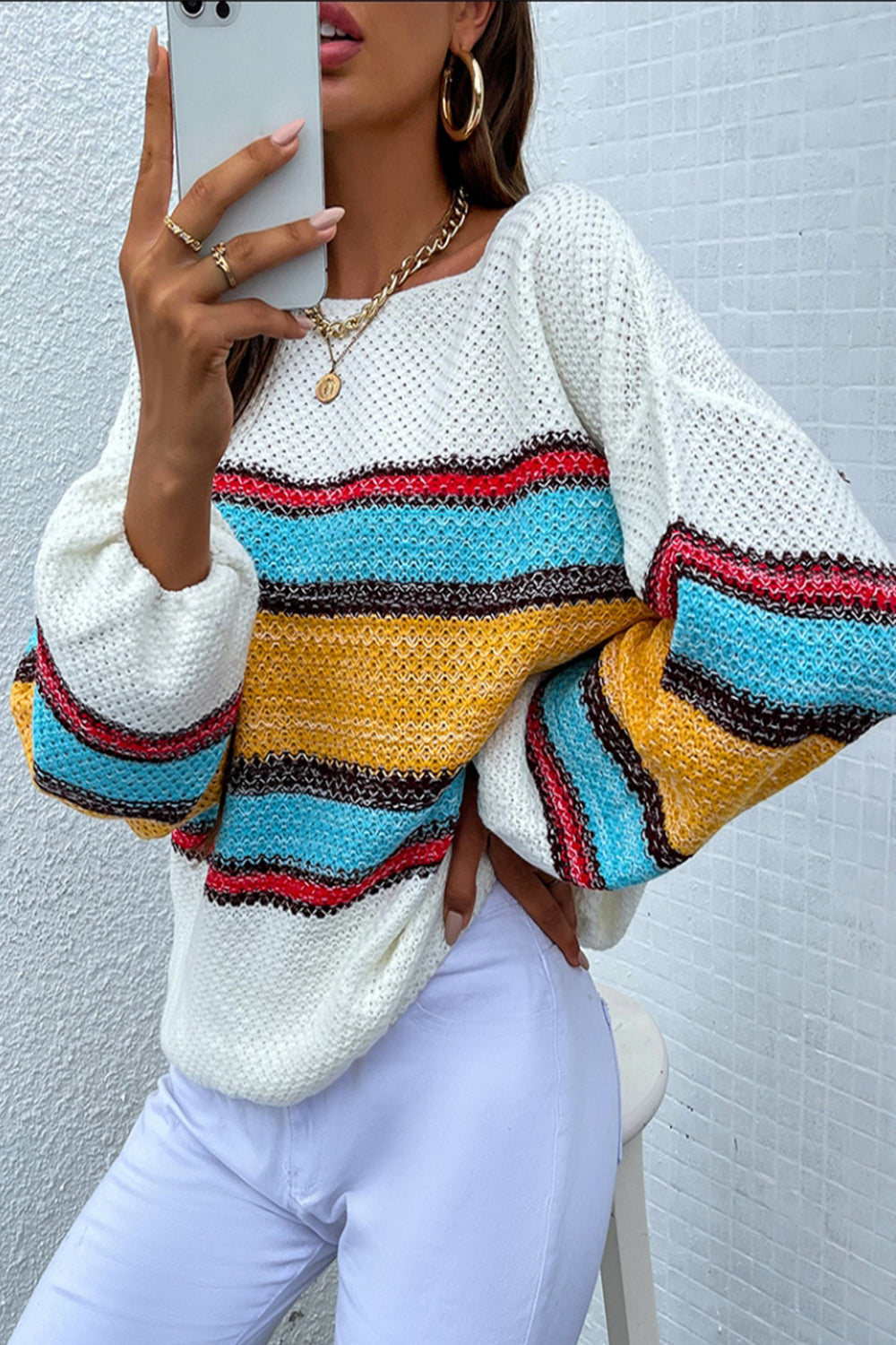 RadyRin Off-Shoulder Rainbow Striped Sweater for Chic Style