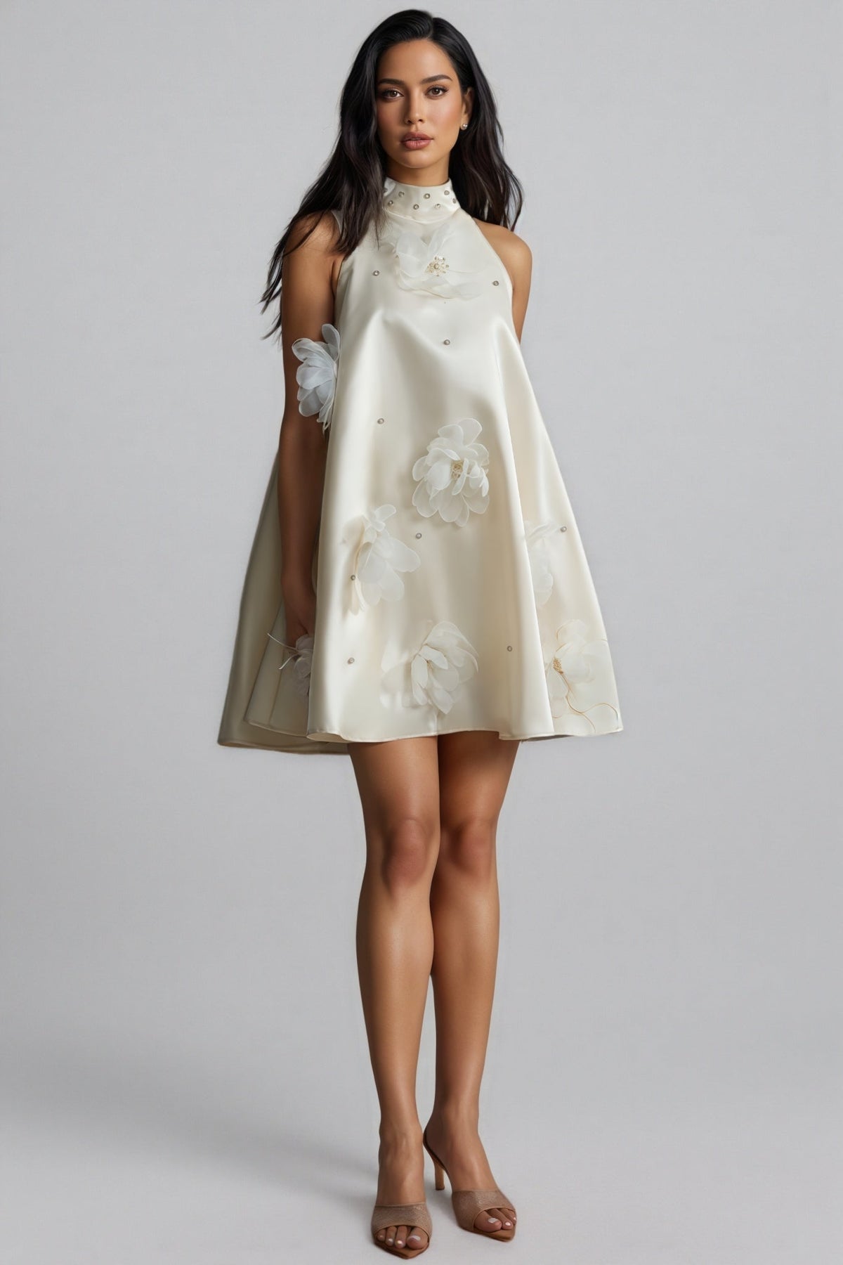 Floral Applique Halter Neck Sleeveless A-Line Mini Dress