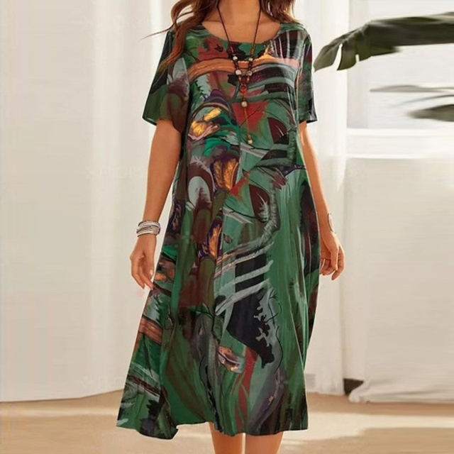 Abstract Art Print Short Sleeve Crew Neck Relaxed Fit Midi Dress - View 4