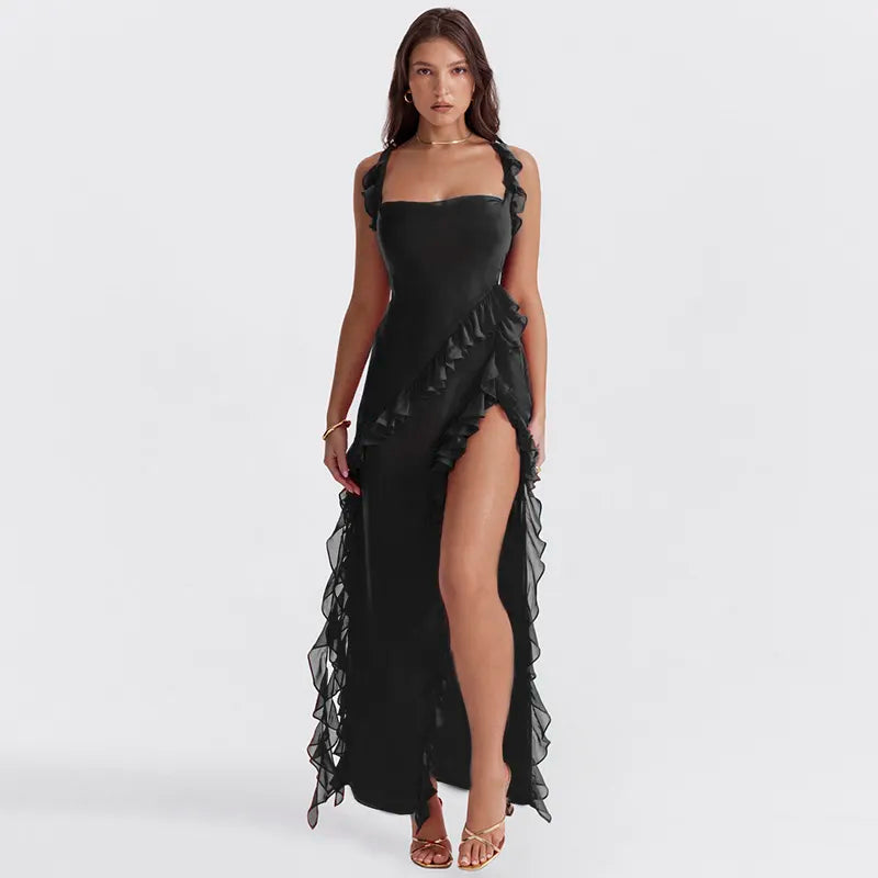 Square Neck Ruffle Strap High Split Asymmetrical Cascade Maxi Dress 73