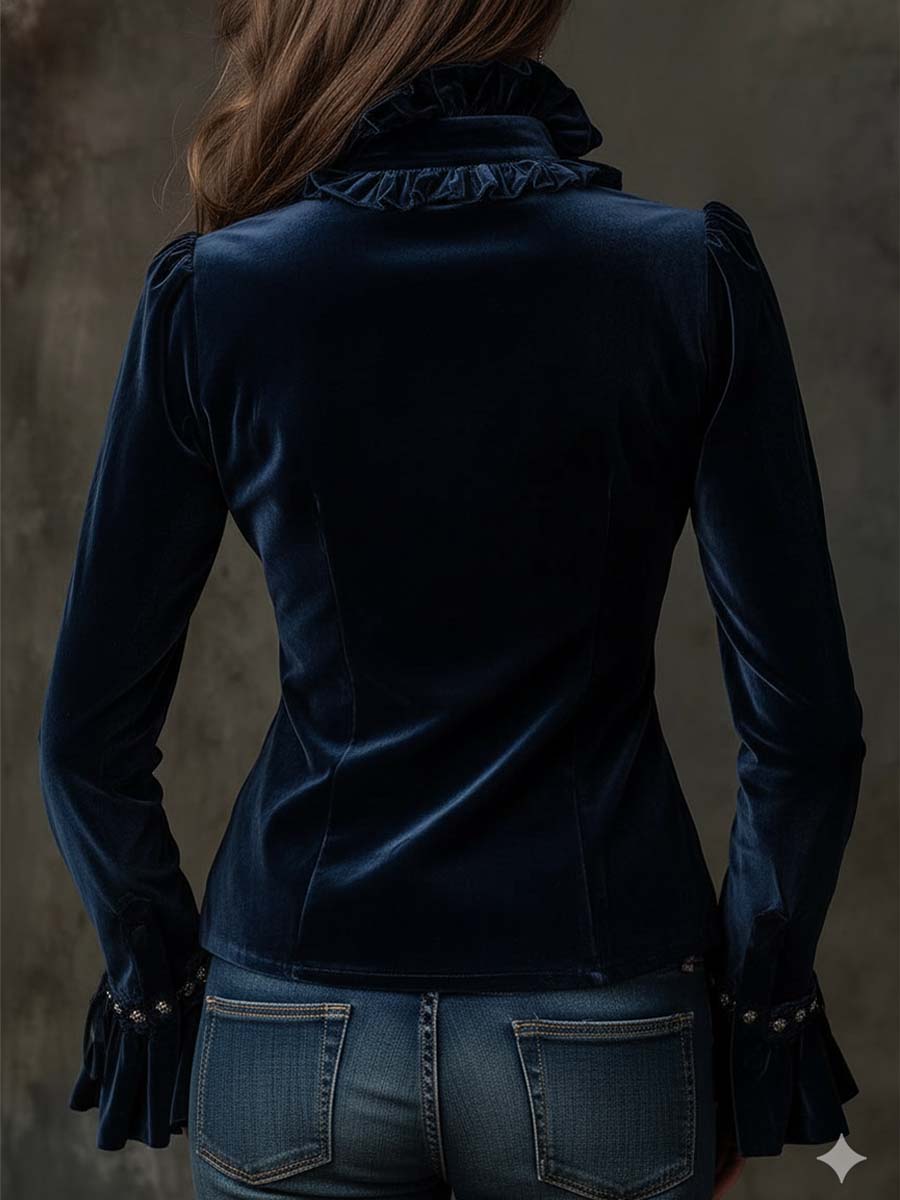 Midnight Blue Ruffled Velvet Shirt With Crystal Buttons - Fashionpara